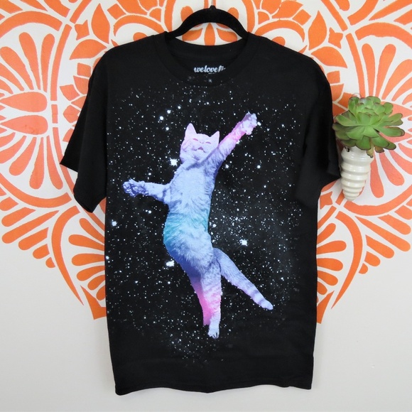 We love fine Tops - Awesome Galaxy Space Cat Black T-Shirt M